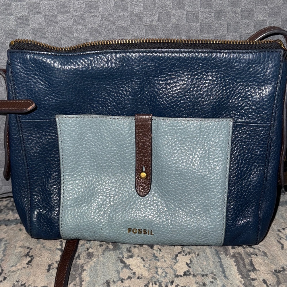 Fossil Navy and Light Blue Leather Crossbody Bag